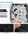 Close-up of 6-gallon cooler bag with ice and cans, smooth zippers, hook and loop fasteners for Two Person Outdoor Porch Swing With Canopy, Storage Table, Cooler Bag, And Cup Holders, Cozy Removable Cushions For Poolside, Backyard, Balcony Hangouts, Black.
