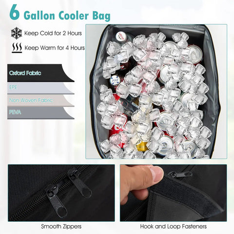 Close-up of 6-gallon cooler bag with ice and cans, smooth zippers, hook and loop fasteners for Two Person Outdoor Porch Swing With Canopy, Storage Table, Cooler Bag, And Cup Holders, Cozy Removable Cushions For Poolside, Backyard, Balcony Hangouts, Black.
