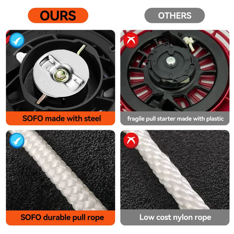 Comparison of steel and plastic pull start assemblies for Champion Predator Honda OHV Engines 196cc 212cc 224cc generators