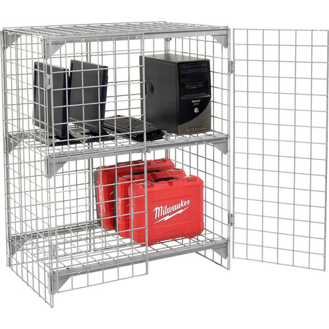 Rock Solid One Tier Two Door Wire Mesh Security Locker Cabinet With Adjustable Shelf Lockable Gray Steel Professional Storage Cage No Sweat Assembly For Garage Shop Workspace with computers and red tool cases.