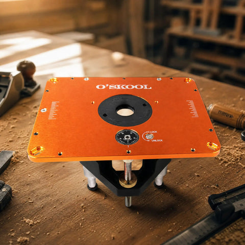 Industrial Grade Aluminum Router Lift Kit Dime Drop Height Adjustment with dial scale for woodworking table setup.