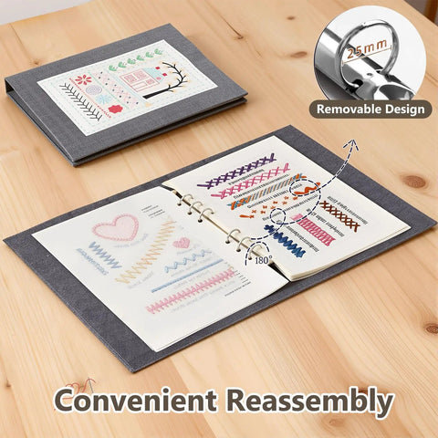 2026 Upgraded Removable Stitch Book Kit With Extra Thick Threads, Needles, DIY Embroidery Kit showing open binder and patterns