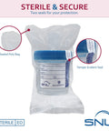 SNL sterile specimen cups, 3 oz/90 ml, blue screw-on lid with tamper-evident seal, 5-pack in sealed poly bag
