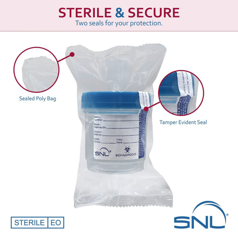 SNL sterile specimen cups, 3 oz/90 ml, blue screw-on lid with tamper-evident seal, 5-pack in sealed poly bag