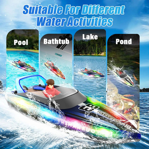 RC Boat With LED Lights For Pools And Lakes, Dual Speed Remote Control Watercraft, Self Righting, Waterproof, and Fun Bath Toy