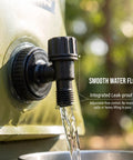 2 Gallon Collapsible Water Container With Spigot And Measurement Scale Portable Foldable Water Jug spigot close-up with water flow