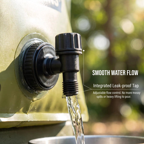 2 Gallon Collapsible Water Container With Spigot And Measurement Scale Portable Foldable Water Jug spigot close-up with water flow