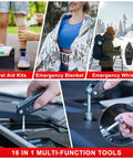 Grab And Go Car Roadside Emergency Kit With Jumper Cables Tow Rope Folding Shovel Safety Hammer Reflective Warning Triangle And Essential Tools For Any Driver Ready For Breakdowns And Roadside Situations For Men Women And Teens, featuring a first aid kit, emergency blanket, whistle, and multi-function tool in use.