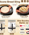 Image of Ultimate Sourdough Starter Kit with silicone bread sling and starter jar showing before and after yeast rise with tools.