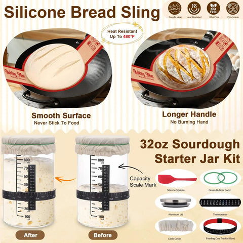 Image of Ultimate Sourdough Starter Kit with silicone bread sling and starter jar showing before and after yeast rise with tools.