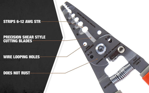 Premium Wire Stripper For 6 To 12 AWG Stranded Cable With Clean Cuts, Loops, And Screw Shearing highlighted features