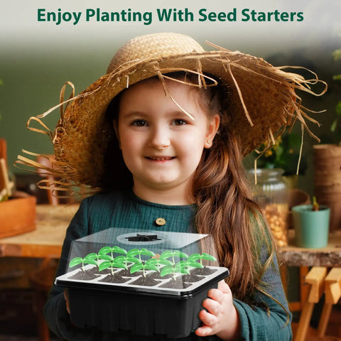 Child holding Seed Starter Tray Kit With 60 Cells, Humidity Dome And Base, ideal for indoor gardening, includes labels and tools.