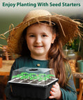 Child holding 10 Pack Seed Starter Tray Kit with 120 Cell Seedling Trays, Humidity Dome and Base, Reusable Greenhouse Trays
