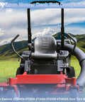 Front view of zero turn mower with text 'Lawn Mower Deck Belt Compatibility' highlighting deck belt replacement.
