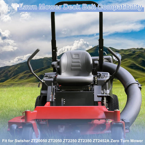 Front view of zero turn mower with text 'Lawn Mower Deck Belt Compatibility' highlighting deck belt replacement.