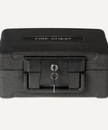 Fire Resistant Waterproof Safe Chest With Mechanical Key, 0.22 Cu Ft, Black, Small Home Safe shown with key in lock front view