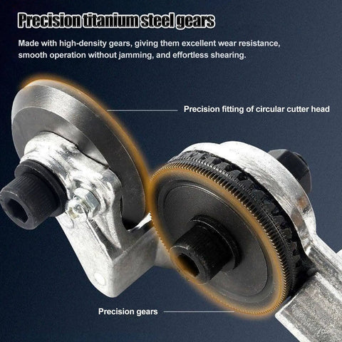 Close-up of precision titanium steel gears on Heavy Duty Titanium Drill Nibbler Sheet Metal Cutter for smooth operation and shearing.