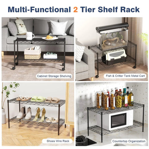 Two Tier Wire Shelving Unit, Adjustable Heavy Duty Metal Storage Rack With Smooth Rolling Caster Wheels, Black Garage Organizer Built Tough For Tools Kitchen Gear Or Books, No Sweat Setup That Stacks High Without Fuss.