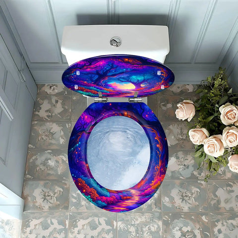 UV Reactive Round Toilet Seat for Bathroom featuring colorful abstract design, installed above a toilet in modern bathroom.