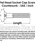Diagram showing 82-degree countersunk flat head socket cap screw, Beefy Five Eighths Inch Flat Head Socket Cap Screws Six Forty UNF.