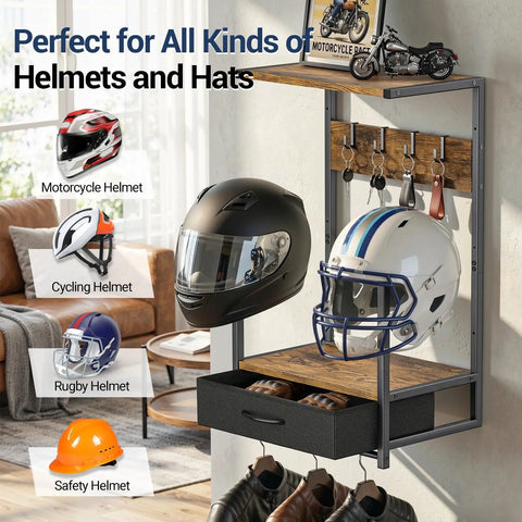 Heavy Duty Motorcycle Helmet Wall Mount With Dang Tough Waterproof Steel Construction And Roomy Fabric Drawer for storing various helmets.