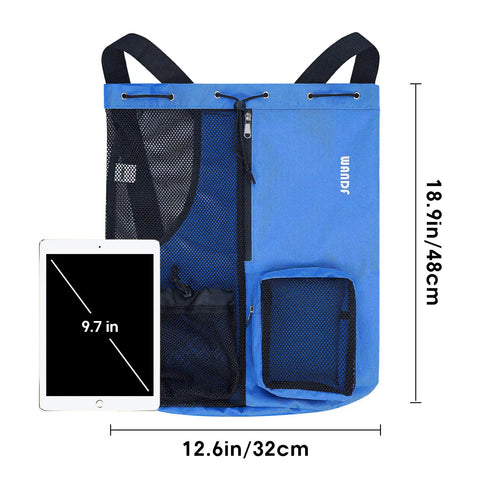 Mesh Drawstring Swim Bag With Wet Pocket For Gym And Pool Gear, Lightweight Wet Dry Compartment displayed with a tablet, 12.6x18.9 inches.