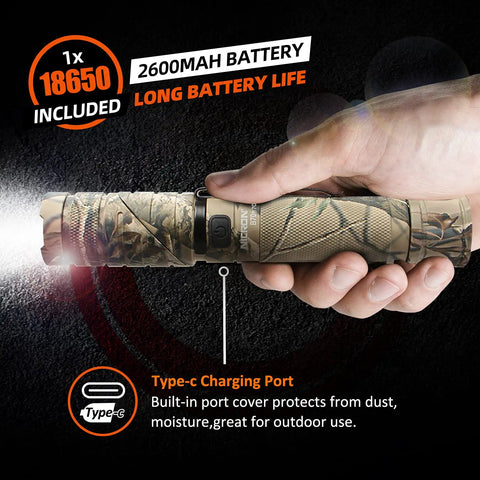 Hand holding Rechargeable 1800 Lumen Twist Flashlight With 3 Color Modes White Green Red, camo body, Type-C charging port visible
