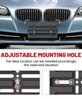 Stainless Steel License Plate Bracket And Frame Kit For Front Bumper Universal Fit 6x12 Inch Plate Holder With Screws Caps Nuts And Wrench For Cars Trucks SUVs Vans installed on car bumper.