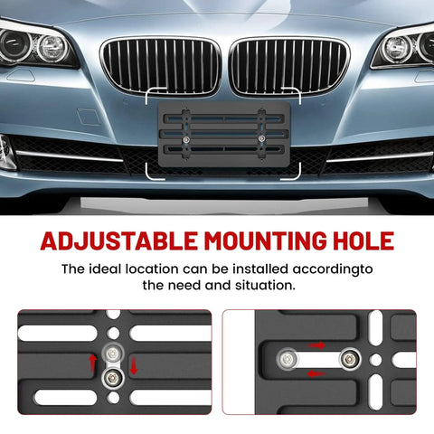 Stainless Steel License Plate Bracket And Frame Kit For Front Bumper Universal Fit 6x12 Inch Plate Holder With Screws Caps Nuts And Wrench For Cars Trucks SUVs Vans installed on car bumper.