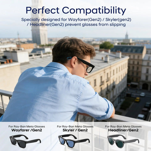 Side view of man with Anti Slip Ear Grips For Meta Smart Glasses Gen 2 Wayfarer Skyler And Headliner, outdoors