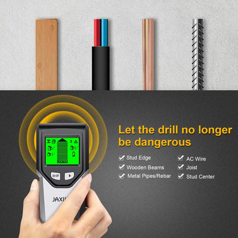 5 In 1 Stud Finder Wall Scanner with Smart Chip and HD LCD Display detecting studs, wires, and pipes with clear LCD interface.