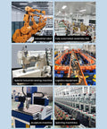 Collage of industrial machinery including robot, assembly line, sewing and sculpture machines, logistics equipment, and spinning machinery.