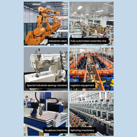 Collage of industrial machinery including robot, assembly line, sewing and sculpture machines, logistics equipment, and spinning machinery.