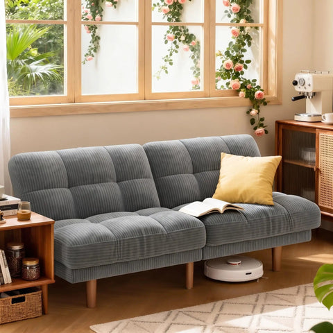 65 Inch Convertible Futon Sofa Bed With Adjustable Backrest Corduroy Grey Upholstery in cozy living room setting
