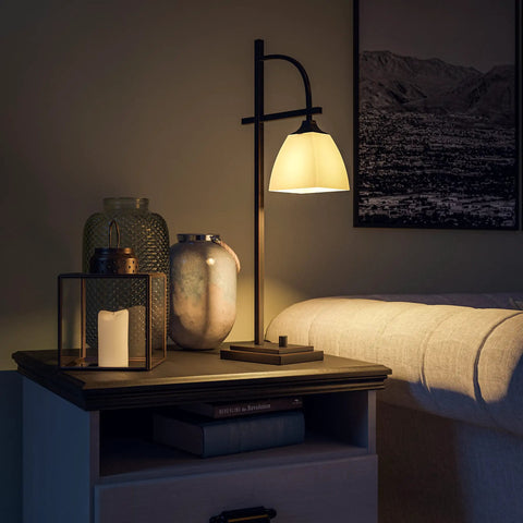 Oil Rubbed Bronze Arch Table Lamp For Home Office Urban Industrial Desk Light With Glass Shade 28 Inch Tall 11 Inch Reach