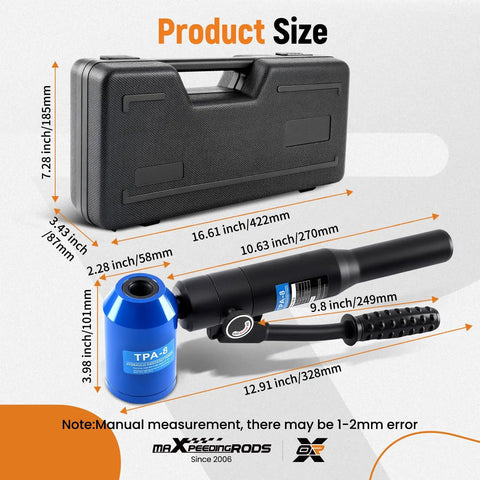 Beast 8-Ton Hydraulic Knockout Punch Kit showing tool size dimensions with carrying case