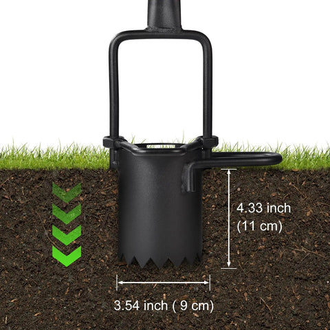 Long Handle Bulb Planter With Serrated Base For Easy Grass Plugging And Bulb Transplanting, 5 In 1 Garden Tool dimensions shown