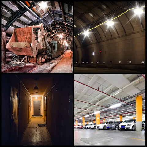 Lit 100W LED Work Light String With 10000 Lumens 100 Ft Run 10 Bulbs illuminating a mine, tunnel, and parking garage environment