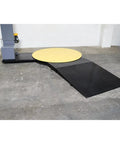 Heavy Duty Industrial Pre Stretch Wrapping Machine With Built In Scale And Thermal Label Printer No Sweat Operation Killer Five Thousand Pound Capacity Straight Shooter Wrap System with yellow turntable and black ramp.