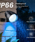 IP66 waterproof outdoor spotlight from 8 Pack RGBW Low Voltage Landscape Lights Kit With 100W Transformer in rain.