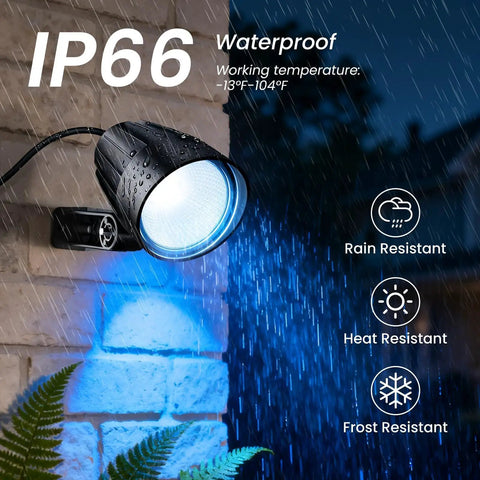 IP66 waterproof outdoor spotlight from 8 Pack RGBW Low Voltage Landscape Lights Kit With 100W Transformer in rain.