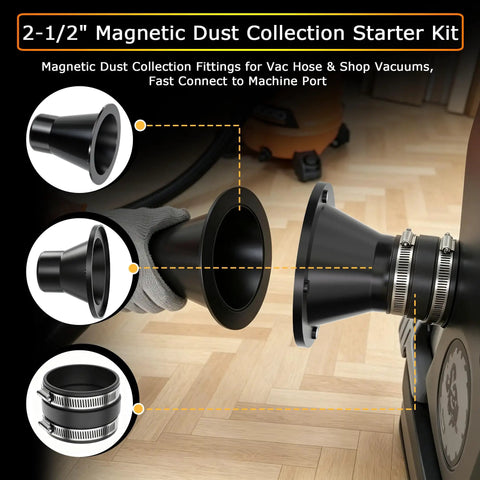 Premium Magnetic Dust Collection Kit For 2 Inch To 2-1/2 Inch Hose Conversion with connectors and clamps shown, ideal for dust control.
