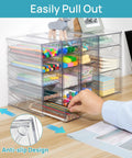 Crystal Clear 16 Drawer Acrylic Organizer Set for office supplies with non-slip pads, showcasing filled drawers on a desk.