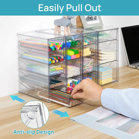 Crystal Clear 16 Drawer Acrylic Organizer Set for office supplies with non-slip pads, showcasing filled drawers on a desk.