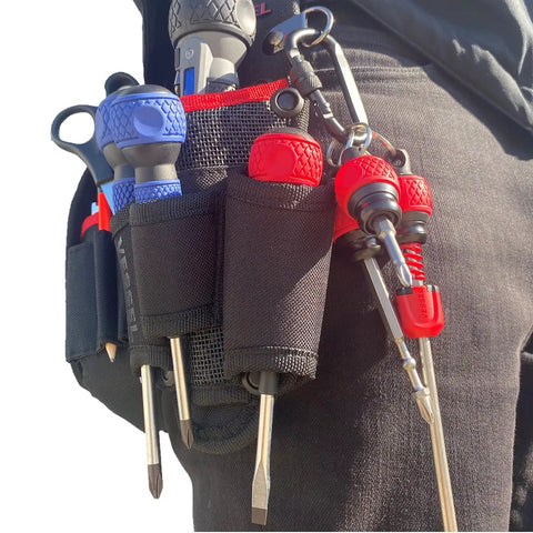 Ball Grip Bit Holder With Keychain For One Quarter Inch Hex Bits Handy Interchangeable Stubby Driver Red Cushioned Grip shown on tool belt.