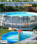 Adjustable Waterproof Pool Pole Hooks Three Hook Bracket attached to above-ground pool rail holding cleaning tools