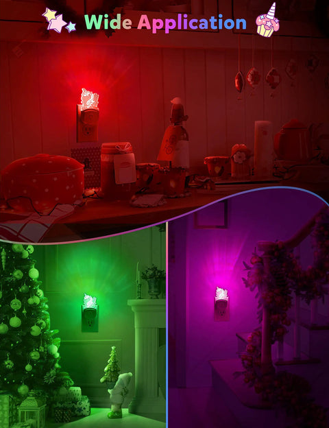 2 Pack Kids Night Light With Dusk To Dawn Sensor, 8 Color Changing LED Night Lights illuminating rooms with festive decor