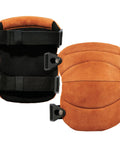 Leather Knee Pads ProFlex 230 Brown Heavy Duty Work Gear with heat-resistant leather cap, front and back view showing buckles