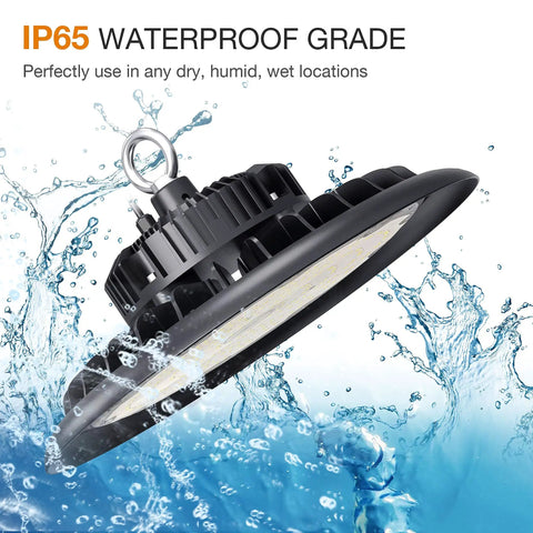 LED High Bay Light 150W Hella Bright 21,000 Lumens 5000K Daylight Equivalent To 600W HID HPS US Plug 5 Ft Cable Warehouse Shop Garage Lighting Fixture Non Dim with IP65 waterproof grade underwater