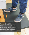 Person standing on Anti Fatigue Standing Desk Mat With Gel Memory Foam For Home Office And Workshop Use 29.5 Inch Wide